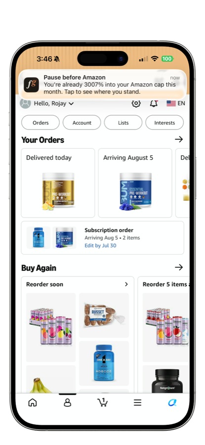 Amazon app open on iPhone with a Forgo push notification overlay: 'Pause before Amazon — you're already over your Amazon cap this month. Tap to see where you stand.'