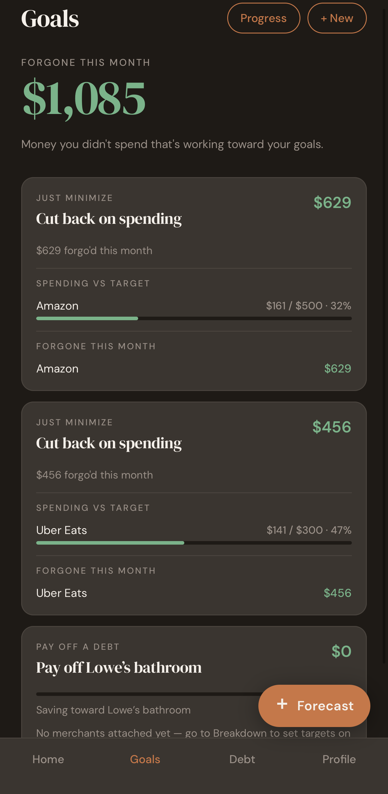 Forgo Goals tab showing $1,085 forgone this month rolling toward a debt payoff goal