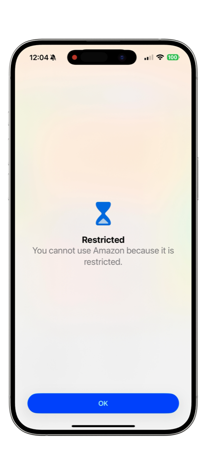iPhone home screen with Amazon locked — Forgo has restricted the app because the user is over their monthly Amazon cap